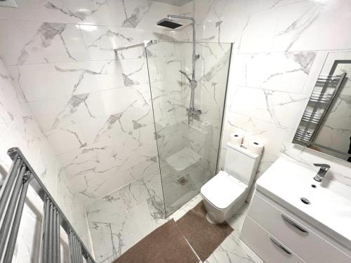 a bathroom with a shower and a toilet and a sink at Nines of Elegance At Castle Road in Birmingham
