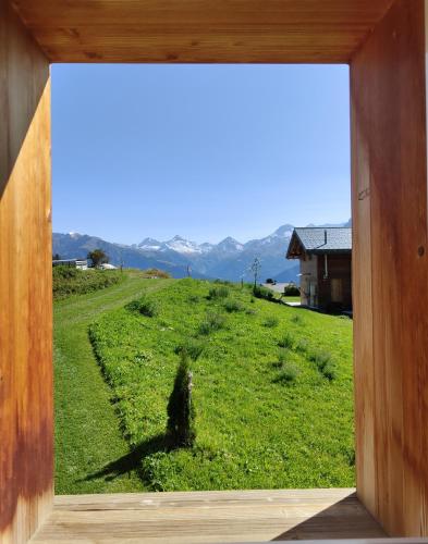 a view of a field of grass from a window at Chalet Matterhornsicht in Naters