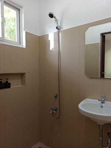 uma casa de banho com um chuveiro e um lavatório. em Coco Bloom em Aborlan