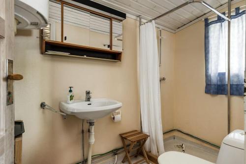 ein Bad mit einem Waschbecken und einem WC in der Unterkunft Cozy cottage by the lake, Charlottenberg in Åmotsfors