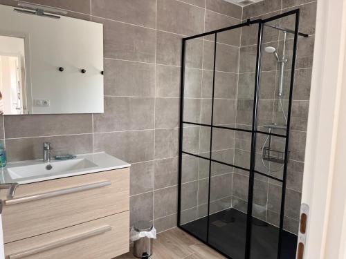 ランデダにあるMaison de vacances à 200 m de l'Aber Benoîtのシャワーと洗面台付きのバスルーム
