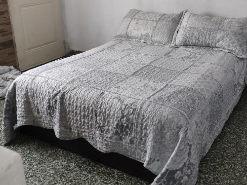 een slaapkamer met een bed met een grijs dekbed bij Casa Isa in Ezeiza