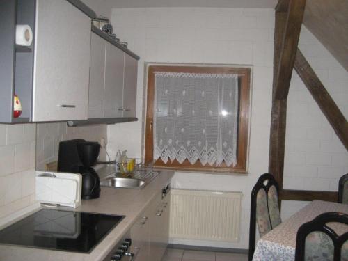 a kitchen with a sink and a window at Landidyll in Großdubrau