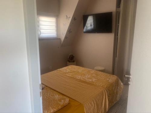 ein kleines Schlafzimmer mit einem Bett und einem Fenster in der Unterkunft Les trois Filles in Puybarban