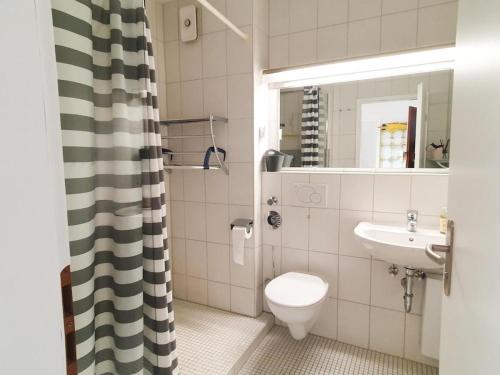 ein Bad mit einem WC und einem Waschbecken in der Unterkunft Ferienwohnung INA am Bodensee mit Schwimmbad und Sauna in Uhldingen-Mühlhofen