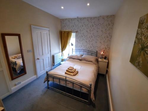 a bedroom with a bed with a mirror and a window at Thorndene B&B in Hope