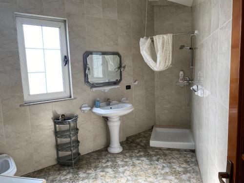 uma casa de banho com um lavatório, um espelho e um chuveiro em Tirana Apartment em Tirana