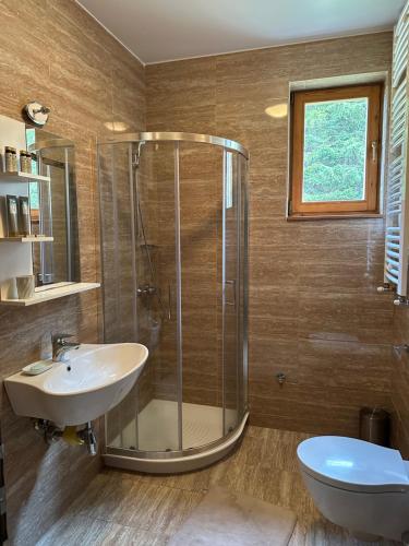 La salle de bains est pourvue d'une douche, d'un lavabo et de toilettes. dans l'établissement Jaram Vile Apartmani, à Kopaonik