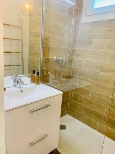 une salle de bain avec un lavabo et une douche dans l'établissement Le COSY T3 climatisé des Calanques de Morgiou, à Marseille