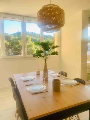 d'une table en bois avec un vase recouvert d'une plante. dans l'établissement Le COSY T3 climatisé des Calanques de Morgiou, à Marseille