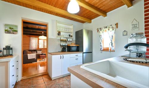 una cocina con un gran fregadero blanco en una habitación en Kuca Oaza, en Ilovačak