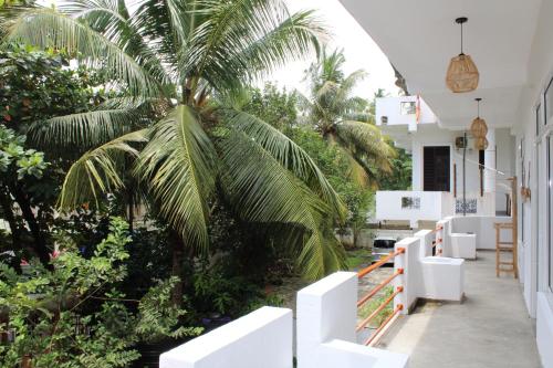 a palm tree in front of a white house at Sun & Moon Hostel in Mirissa
