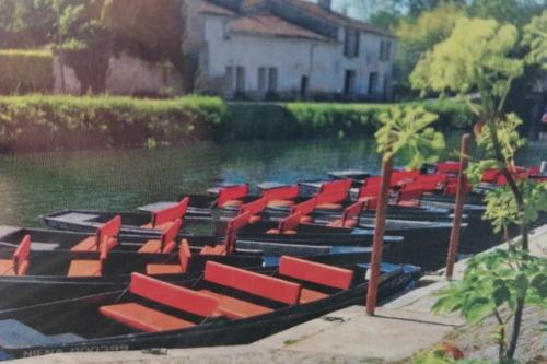 a row of boats with red seats in the water at Gîte Bin Benaise draps et serviettes compris in Pamproux
