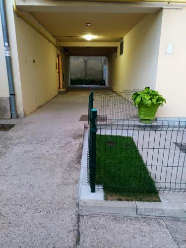 a hallway of a building with a fence and a plant at Sweet apartment in Subotica