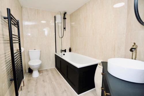 a bathroom with a sink and a tub and a toilet at Cwm Seren - Luxury Apartment in Crickhowell