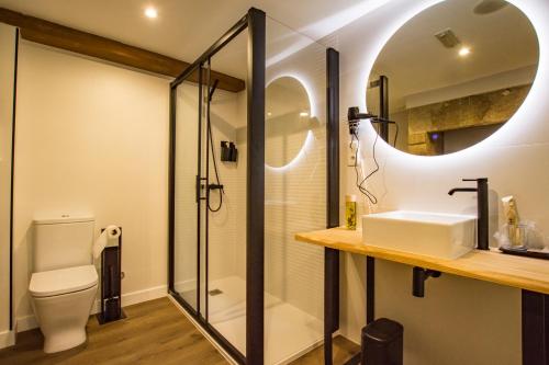 uma casa de banho com um WC, um lavatório e um espelho. em hostal Nomade Santiago em Santiago de Compostela