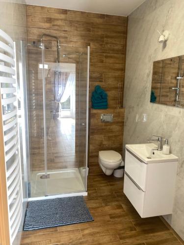 een badkamer met een douche, een toilet en een wastafel bij Tatrzańskie Zacisze in Suche