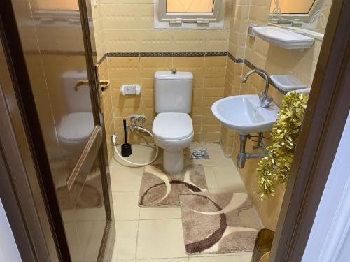 y baño con aseo y lavamanos. en شقة فندقية بإطلالة خيالية مكيفة بالكامل للايجار في مدينتي-Madīnat, en Madinaty