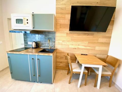a small kitchen with a table and a tv at RIVERBLICK NEAR FRANKFURT in Hainburg