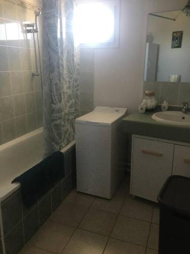 une salle de bain avec un lavabo, des toilettes et une douche dans l'établissement Frontignan: appartement en front de mer avec vue, à Frontignan