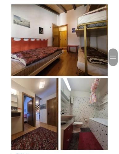 three pictures of a bedroom with two bunk beds at La Remointze in Veysonnaz