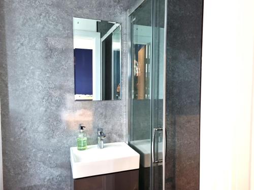 a bathroom with a sink and a mirror at Heritage House Apartments in Swindon
