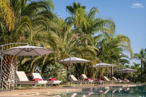 a row of chairs and umbrellas next to a pool at Palais Hassoun Marrakech in Oulad Snaguia