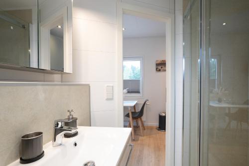 a bathroom with a sink and a glass shower at Ostseecamp Lübecker Bucht Seerose in Scharbeutz