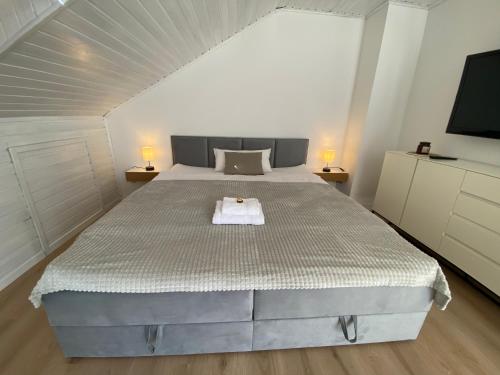 a bedroom with a large bed with a tv on it at Charmantes Apartment mit Balkon in Mindelheim