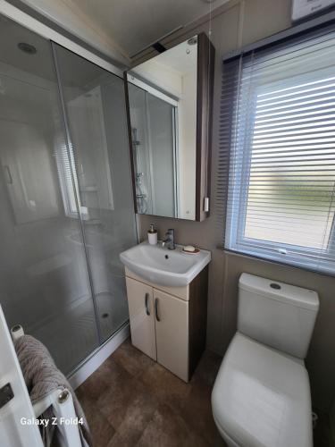 a bathroom with a toilet and a sink and a shower at Seaview in Leysdown-on-Sea