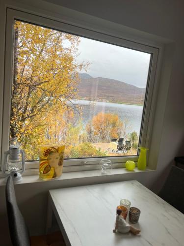 a window with a table and a view of a lake at Håkøyveien 151, Tromsø in Tromsø