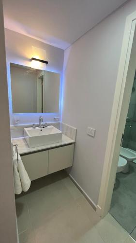 a bathroom with a sink and a mirror and a toilet at Guesthouse Park in Córdoba