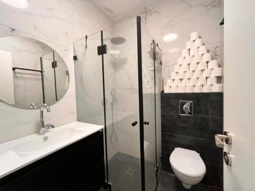 a bathroom with a shower and a toilet and a sink at LEGOS APARTMENTS in Tel Aviv