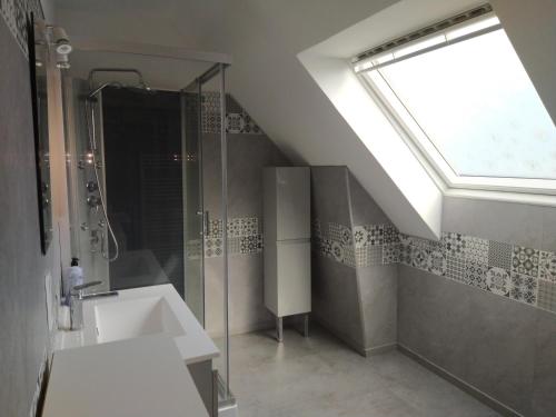 a bathroom with a shower and a sink and a skylight at chambre d'hôte in Brest