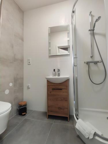 a bathroom with a sink and a shower at Apartamenty na Rynku Tarnów in Tarnów