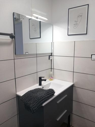 a bathroom with a sink and a mirror at Studio bleu tout équipé avec wifi in Le Creusot