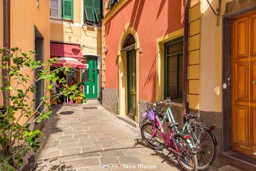 two bikes parked on a street in an alley at XX di Mare, Terre Marine in Monterosso al Mare