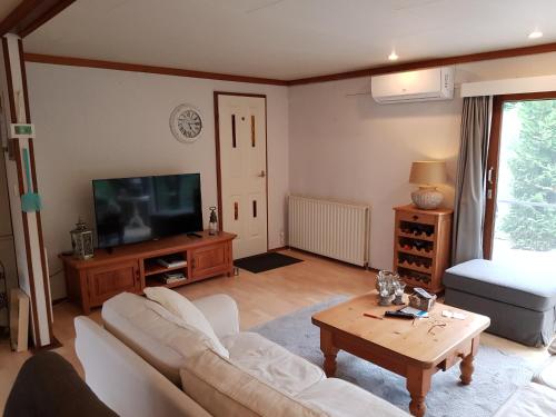 een woonkamer met een bank en een tv bij De Blauwe Reiger mooi dubbel chalet in de Veluwse bossen in Putten