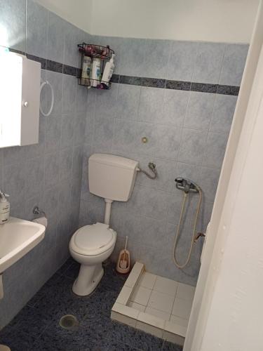 W łazience znajduje się toaleta, umywalka i prysznic. w obiekcie APARTMENTS ON THE BEACH w mieście Velika
