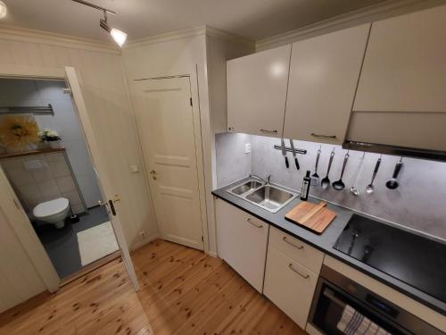 a kitchen with white cabinets and a sink at Mars Modern and Cozy Apartment in the centre, Free Parking in Trondheim