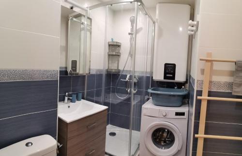 une salle de bain avec une machine à laver et un lavabo dans l'établissement Appartement T2 + cabine - classé 3 étoiles, à Bormes-les-Mimosas