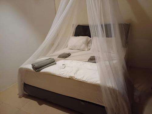 a bed with mosquito netting over it in a room at Black Sweet Bungalow in Gili Air
