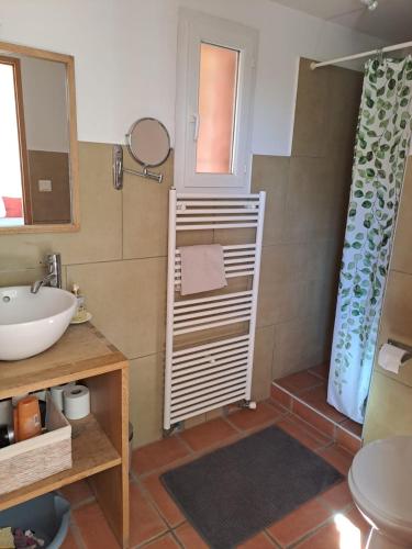 une salle de bain avec un lavabo, des toilettes et un miroir dans l'établissement Studio Escale champêtre 31, à Donneville