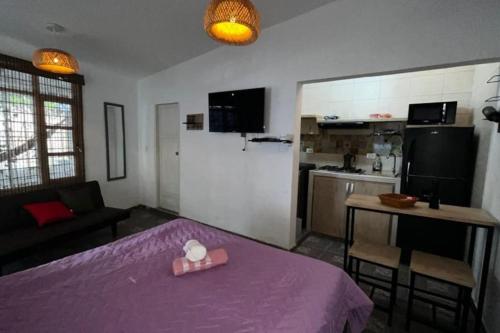 uma sala de estar com uma cama roxa e uma cozinha em Apartamento centro Santa Marta em Santa Marta