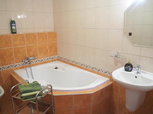 a bathroom with a bath tub and a sink at Hotel Olga in Slavkov u Brna