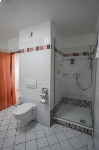 a bathroom with a toilet and a shower at Hotel CityHome am Kurpark in Bad Salzuflen