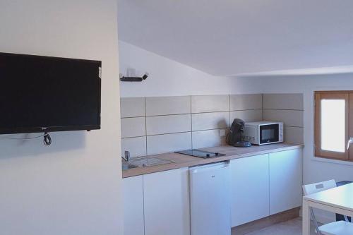 a kitchen with a microwave on a counter with a counter sidx sidx at BudgetBnb 283, vue dégagée pour ce joli studio in La Seyne-sur-Mer