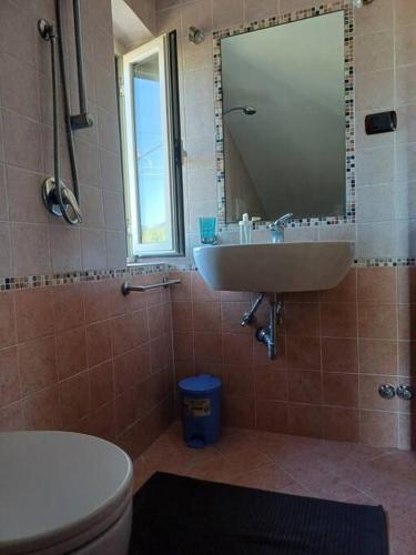 a bathroom with a sink and a toilet and a mirror at Campo del Gatto in Viterbo