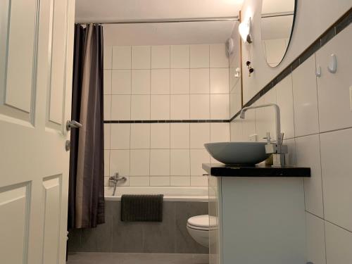 a bathroom with a sink and a toilet and a tub at Fliess Apartment in Fliess