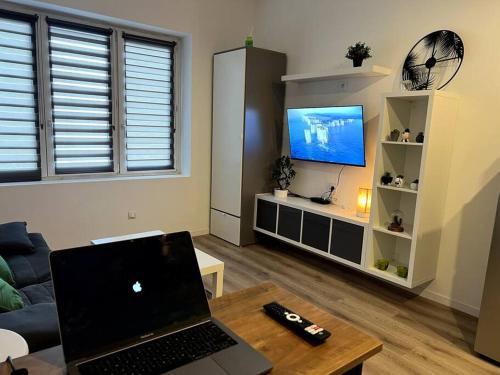 een woonkamer met een laptop op een tafel en een tv bij Studios tres chaleureux in Roubaix